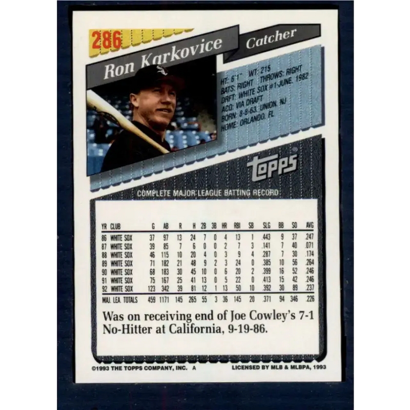 1993 Topps #286 Ron Karkovice NM-MT Chicago White Sox Baseball Card - Baseball Card Single