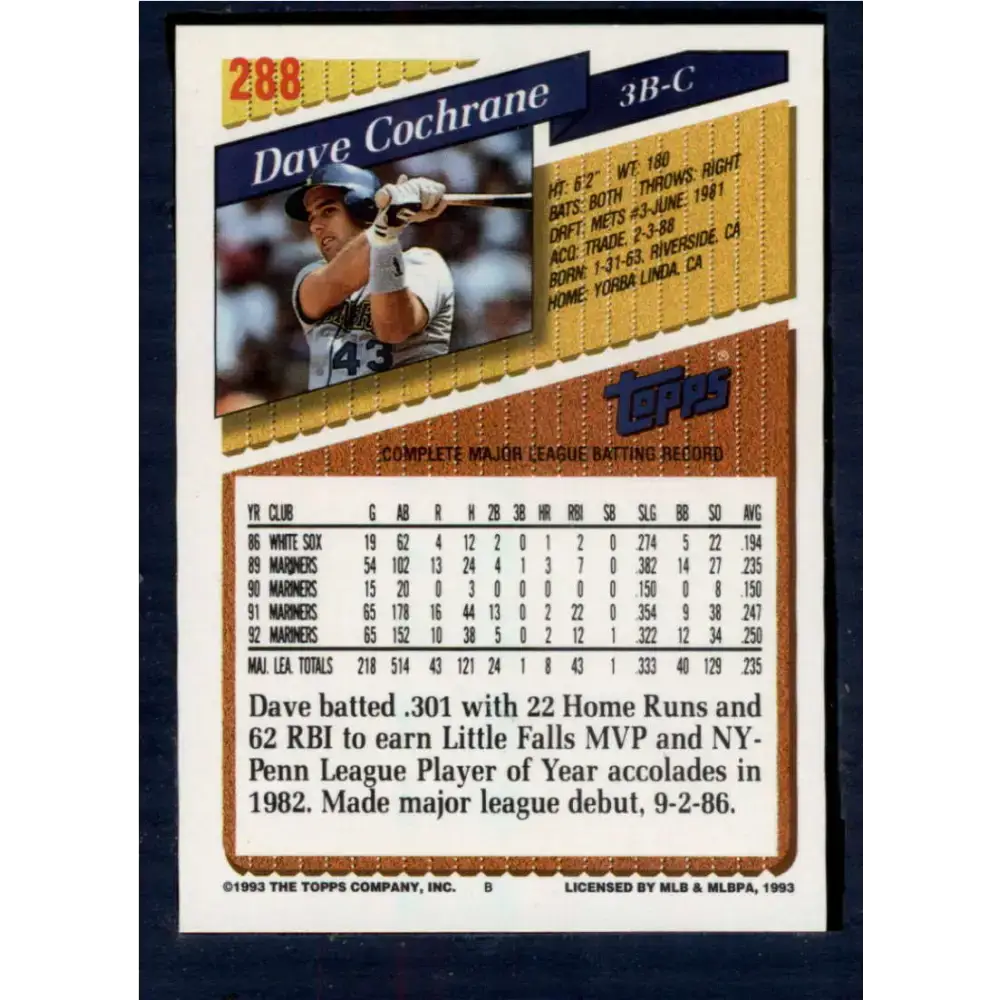 1993 Topps #288 Dave Cochrane NM-MT Seattle Mariners Baseball Card - Baseball Card Single
