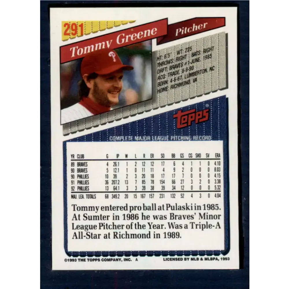 1993 Topps #291 Tommy Greene NM-MT Philadelphia Phillies Baseball Card - Baseball Card Single