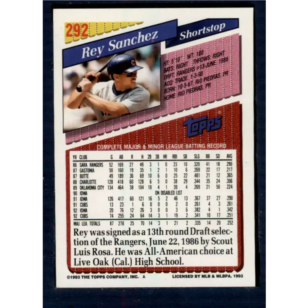 1993 Topps #292 Rey Sanchez NM-MT Chicago Cubs Baseball Card - Baseball Card Single