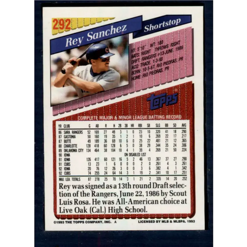 1993 Topps #292 Rey Sanchez NM-MT Chicago Cubs Baseball Card - Baseball Card Single