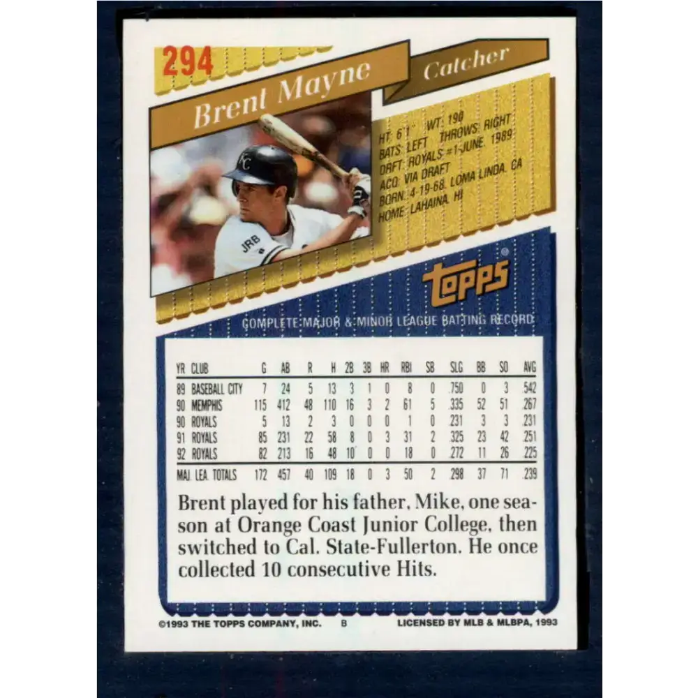 1993 Topps #294 Brent Mayne NM-MT Kansas City Royals Baseball Card - Baseball Card Single