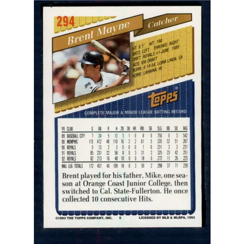 1993 Topps #294 Brent Mayne NM-MT Kansas City Royals Baseball Card - Baseball Card Single