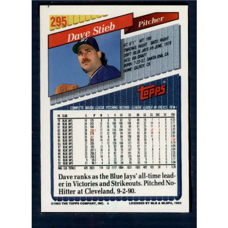 1993 Topps #295 Dave Stieb NM-MT Toronto Blue Jays Baseball Card - Baseball Card Single