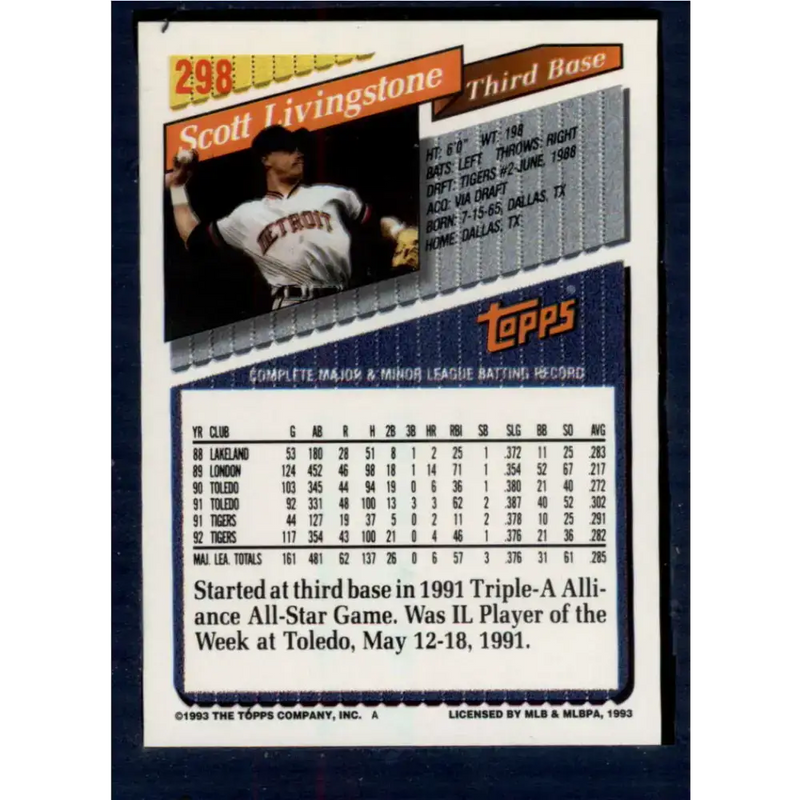 1993 Topps #298 Scott Livingstone NM-MT Detroit Tigers Baseball Card - Baseball Card Single