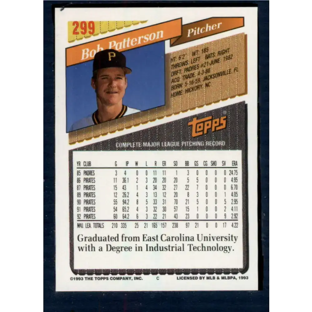 1993 Topps #299 Bob Patterson NM-MT Pittsburgh Pirates Baseball Card - Baseball Card Single
