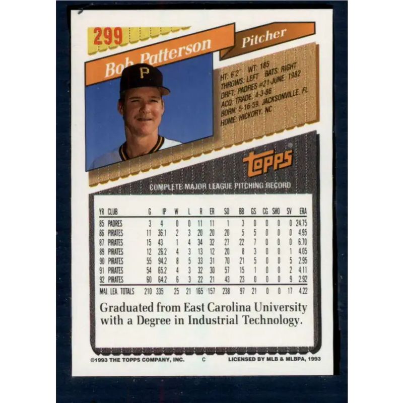 1993 Topps #299 Bob Patterson NM-MT Pittsburgh Pirates Baseball Card - Baseball Card Single