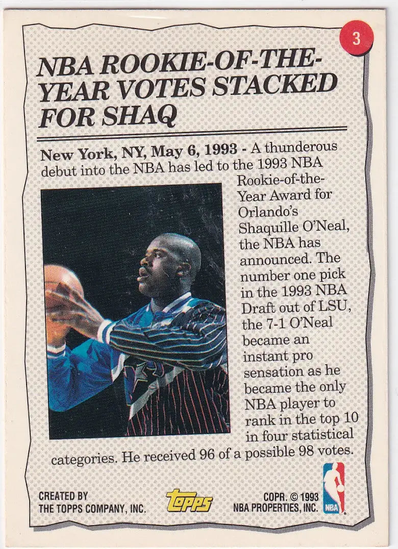 1993 TOPPS #3 SHAQUILLE ONEAL HIGHLIGHT- ORLANDO MAGIC - Basketball Card Single