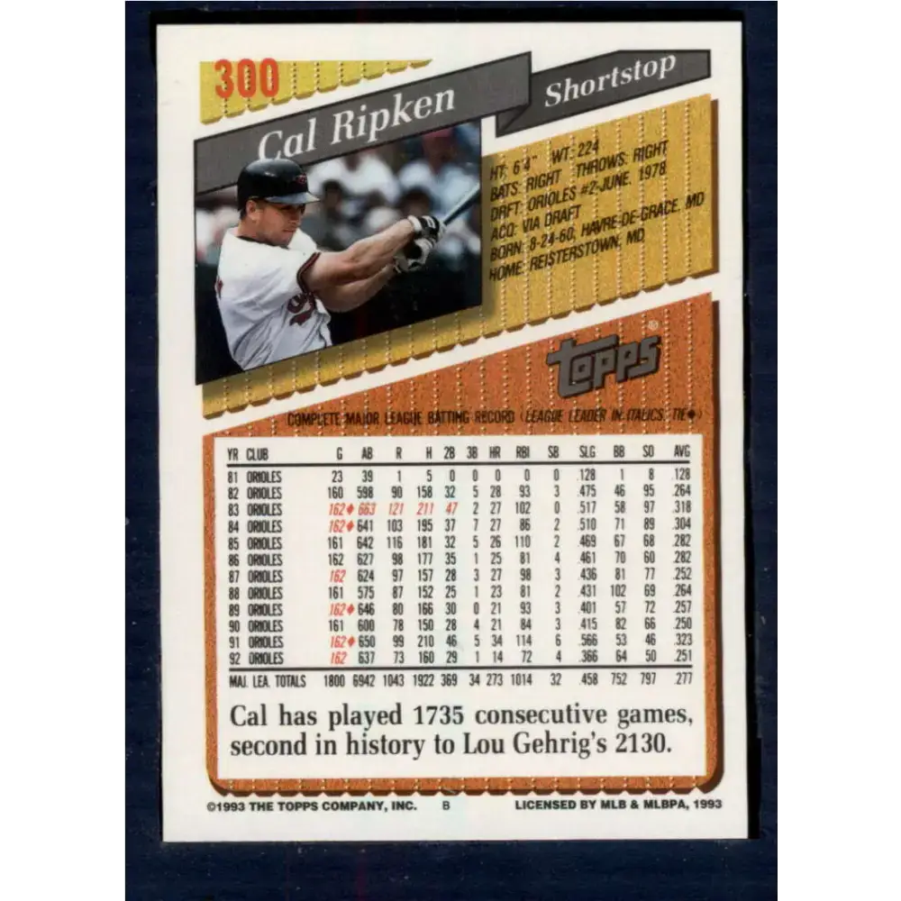 1993 Topps #300 Cal Ripken Jr. NM-MT Baltimore Orioles Baseball Card - Baseball Card Single