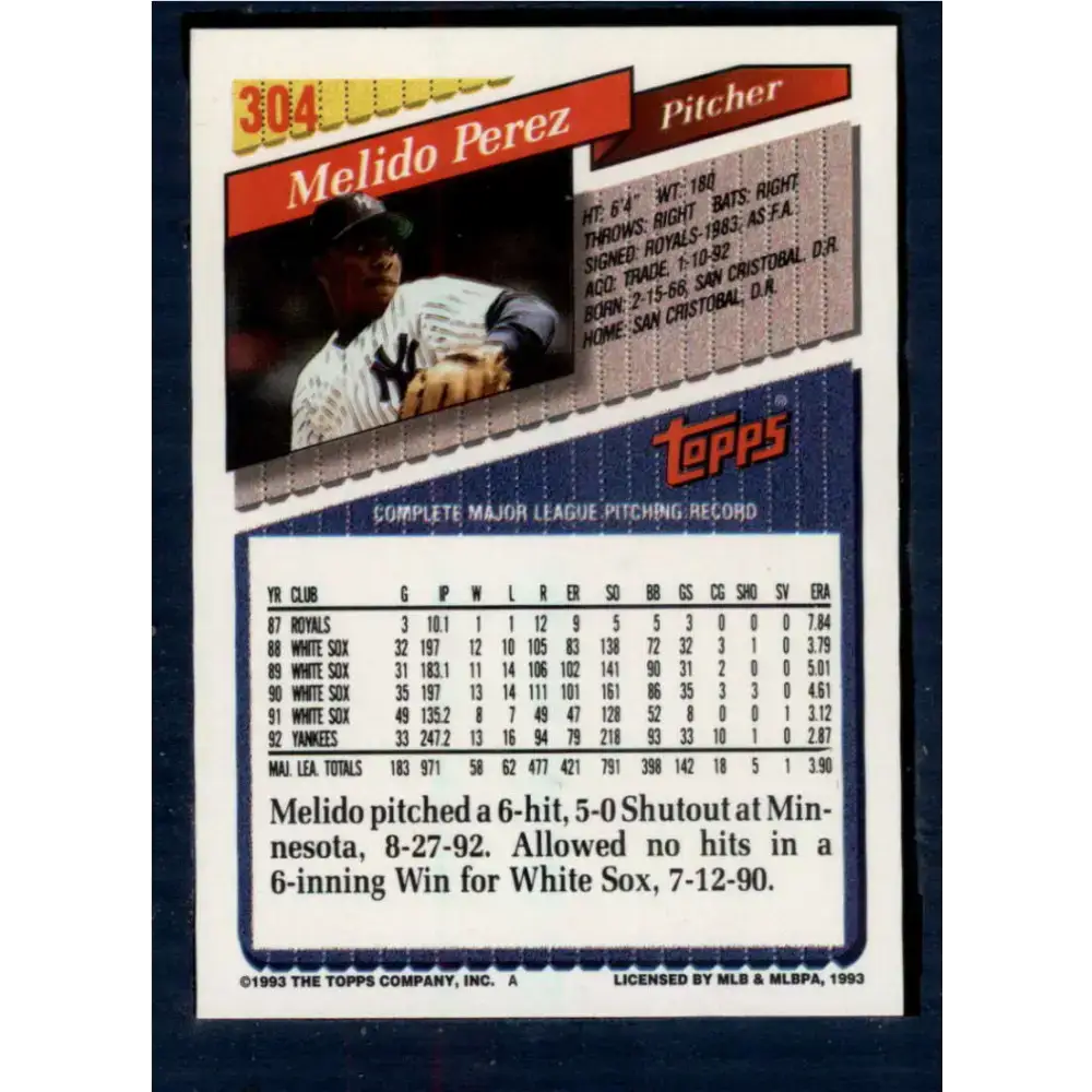1993 Topps #304 Melido Perez NM-MT New York Yankees Baseball Card - Baseball Card Single