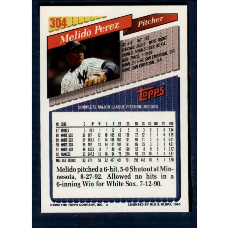 1993 Topps #304 Melido Perez NM-MT New York Yankees Baseball Card - Baseball Card Single