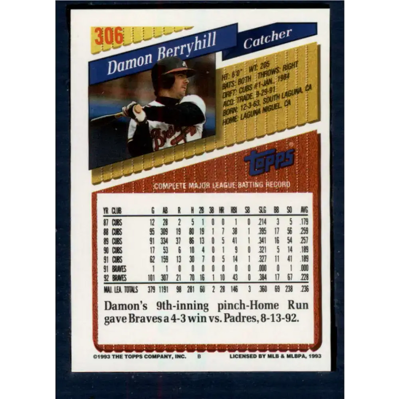 1993 Topps #306 Damon Berryhill NM-MT Atlanta Braves Baseball Card - Baseball Card Single