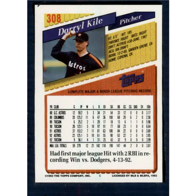 1993 Topps #308 Darryl Kile NM-MT Houston Astros Baseball Card - Baseball Card Single