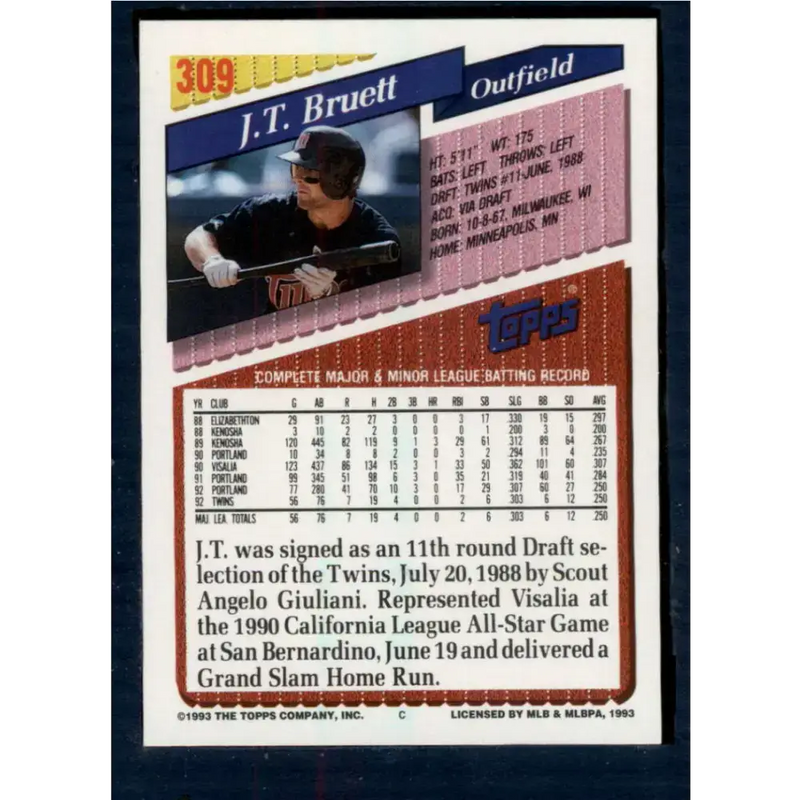 1993 Topps #309 J.T. Bruett NM-MT Minnesota Twins Baseball Card - Baseball Card Single