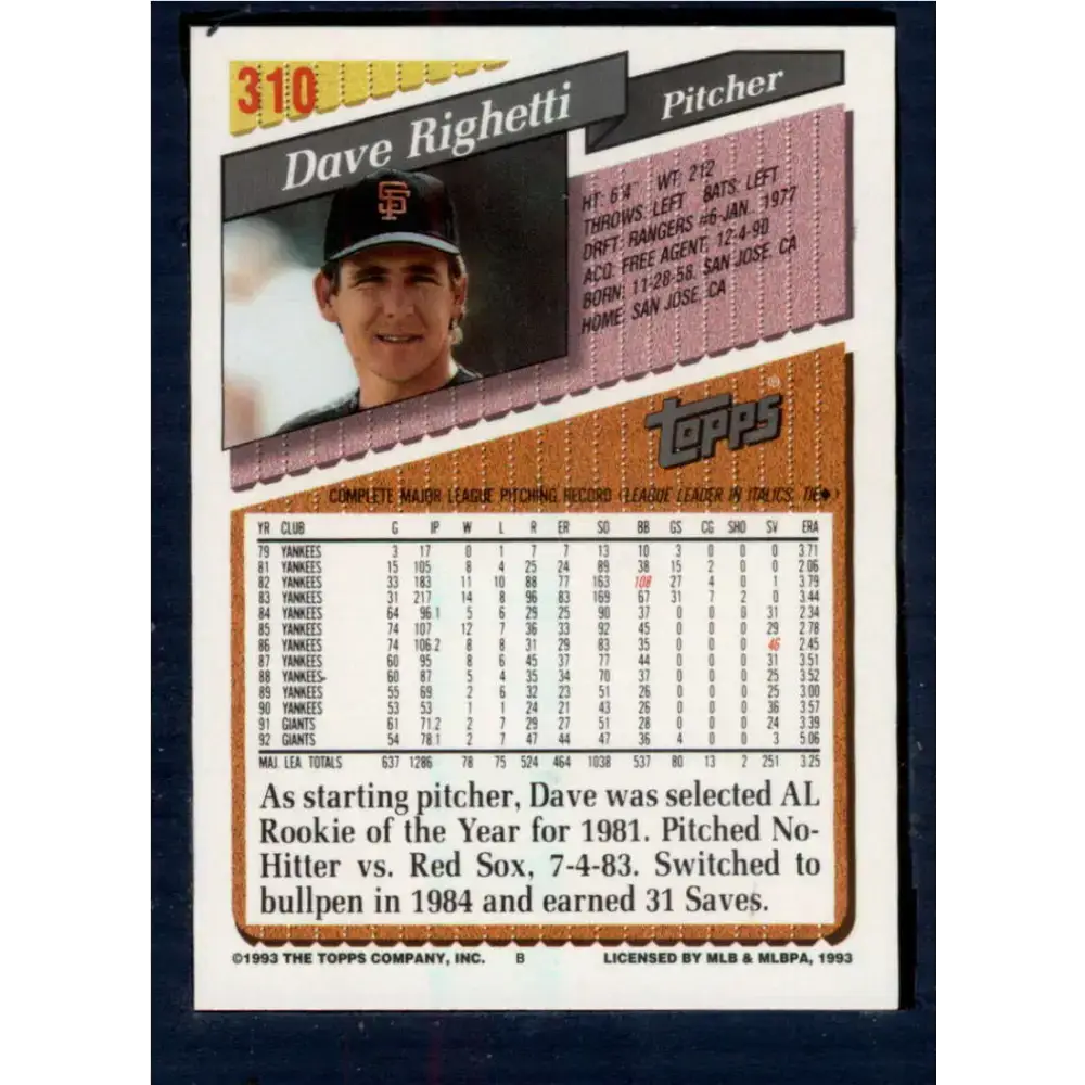 1993 Topps #310 Dave Righetti NM-MT San Francisco Giants Baseball Card - Baseball Card Single