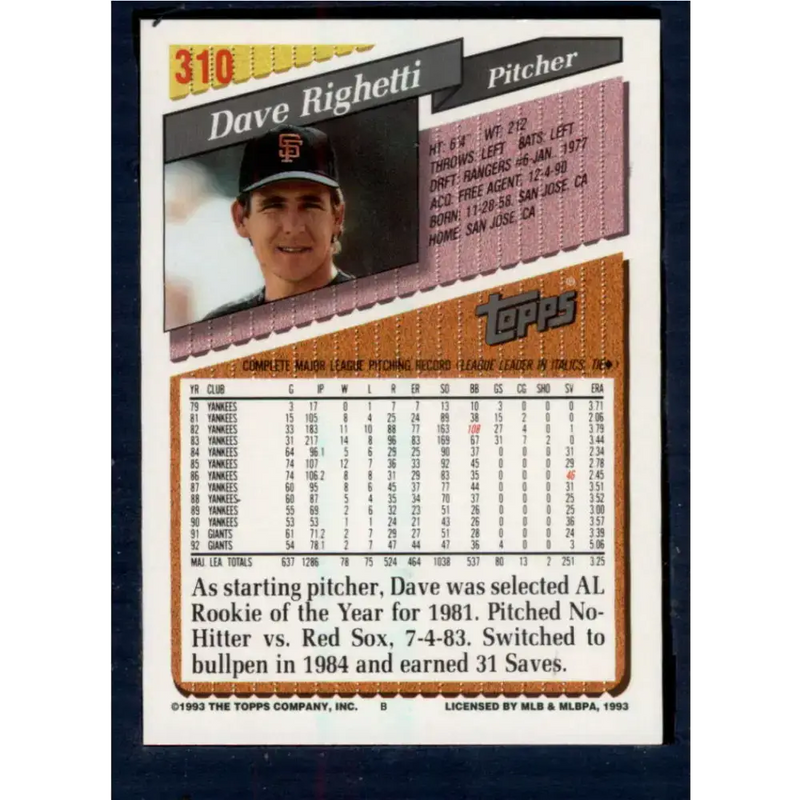 1993 Topps #310 Dave Righetti NM-MT San Francisco Giants Baseball Card - Baseball Card Single