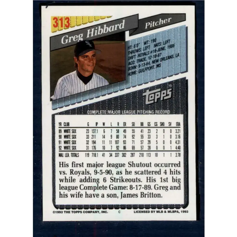 1993 Topps #313 Greg Hibbard NM-MT Chicago White Sox Baseball Card - Baseball Card Single