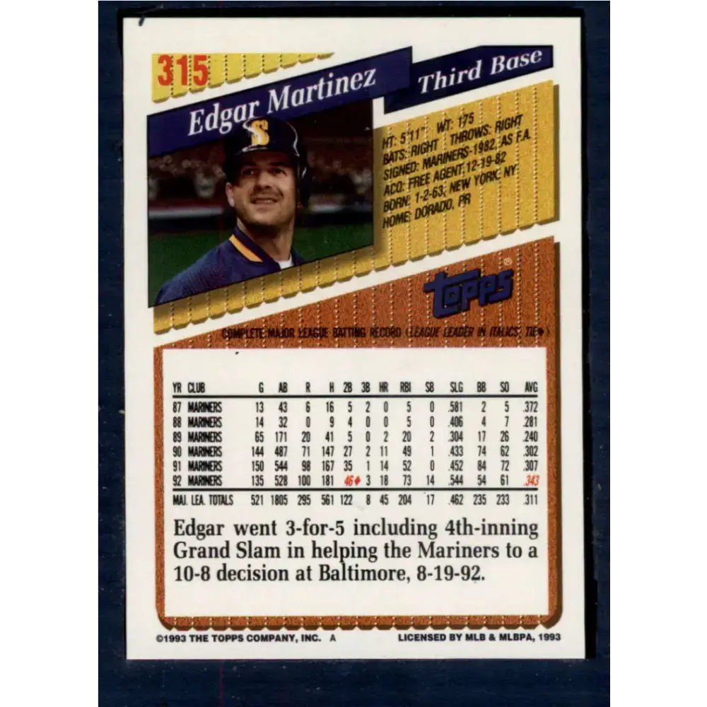 1993 Topps #315 Edgar Martinez NM-MT Seattle Mariners Baseball Card - Baseball Card Single