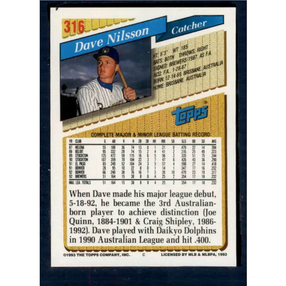 1993 Topps #316 Dave Nilsson NM-MT Milwaukee Brewers Baseball Card - Baseball Card Single