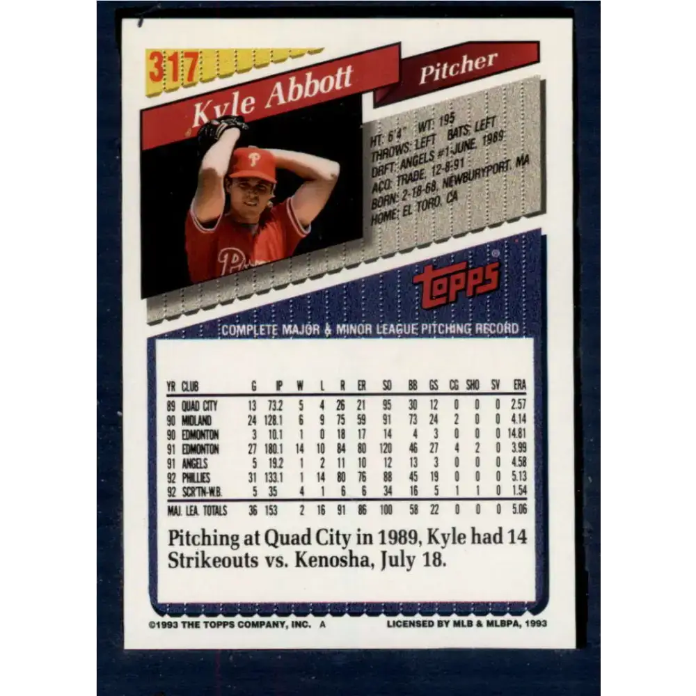 1993 Topps #317 Kyle Abbott NM-MT Philadelphia Phillies Baseball Card