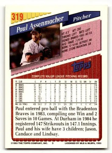 Paul Assenmacher Chicago Cubs baseball card from 1993 Topps #319 displaying detail
