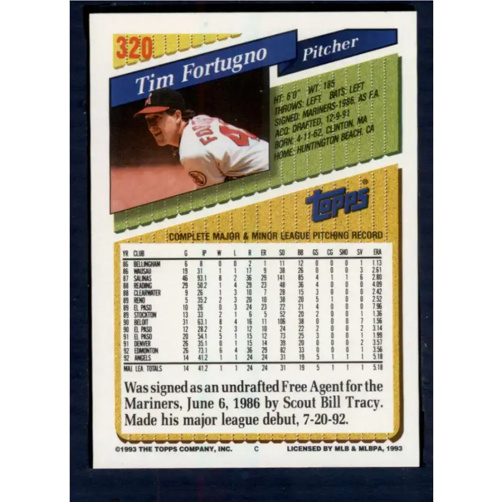 1993 Topps #320 Tim Fortugno NM-MT California Angels Baseball Card