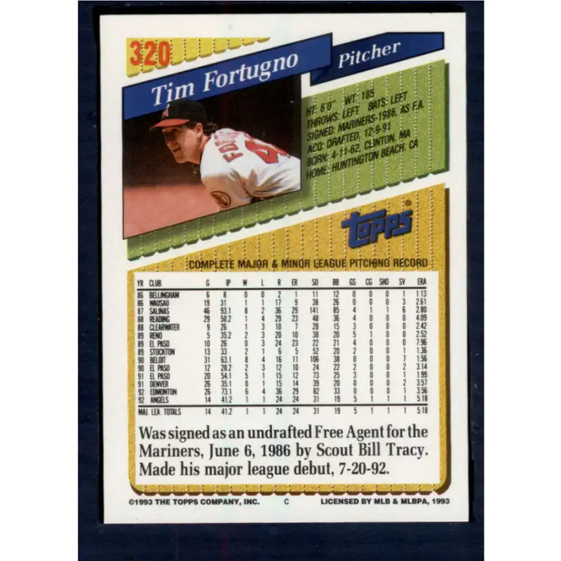 1993 Topps #320 Tim Fortugno NM-MT California Angels Baseball Card