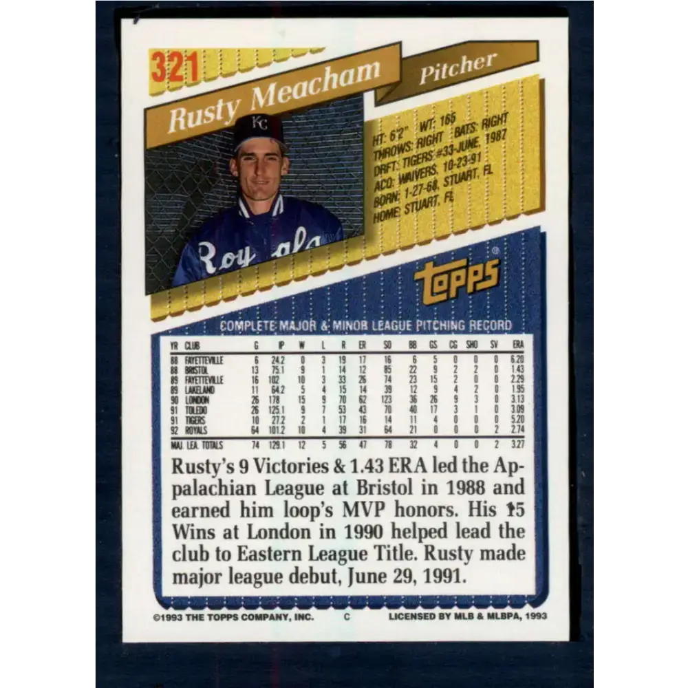 1993 Topps #321 Rusty Meacham NM-MT Kansas City Royals Baseball Card - Baseball Card Single