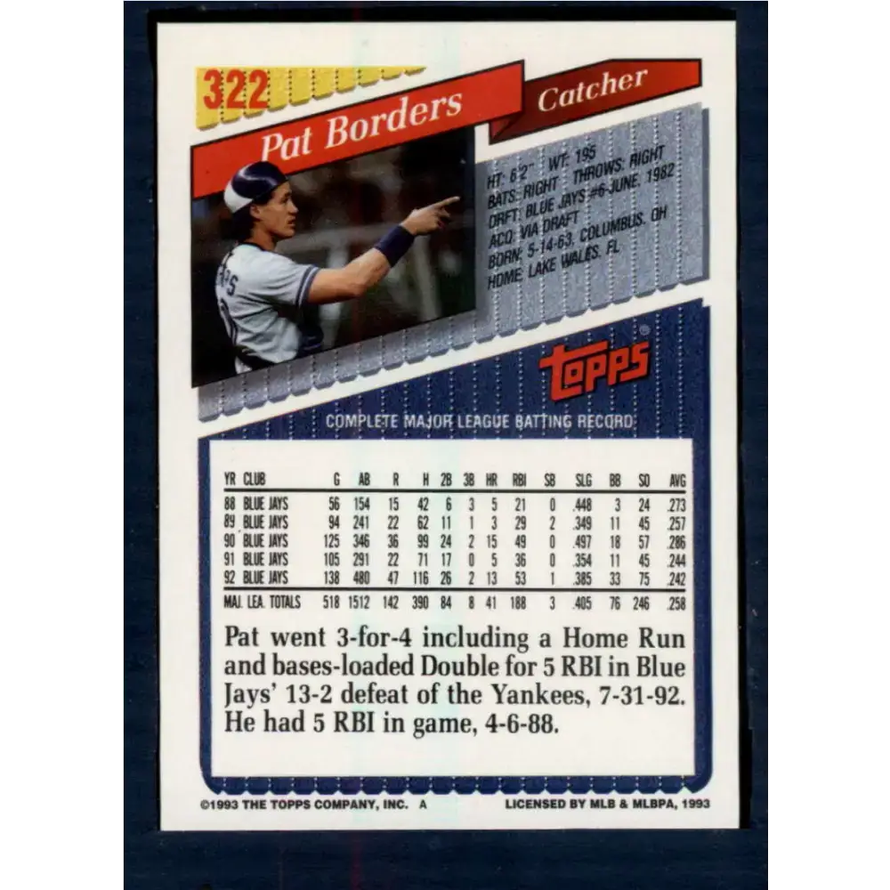 1993 Topps #322 Pat Borders NM-MT Toronto Blue Jays Baseball Card - Baseball Card Single