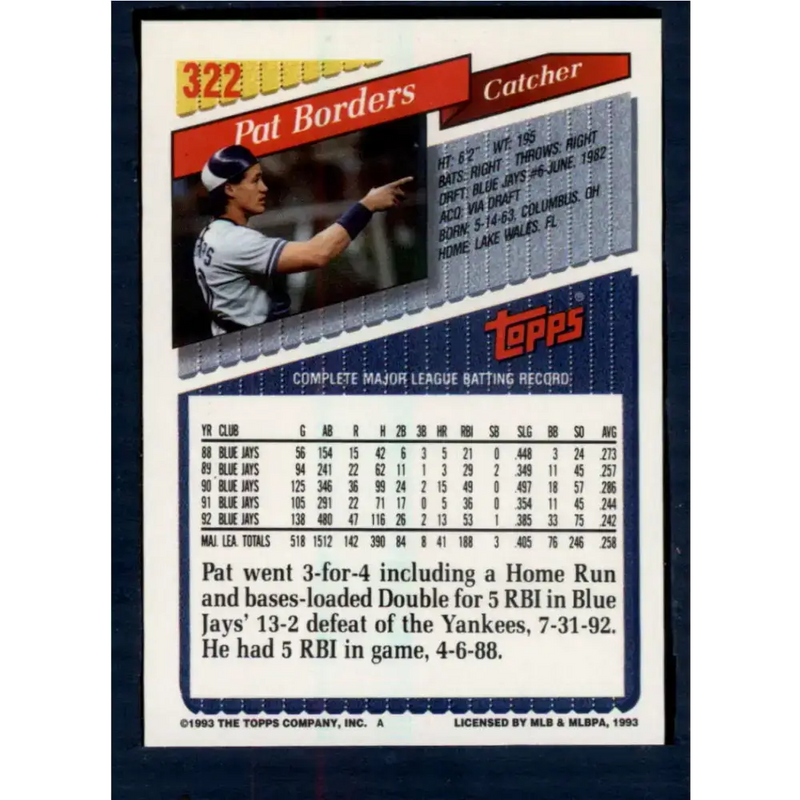 1993 Topps #322 Pat Borders NM-MT Toronto Blue Jays Baseball Card - Baseball Card Single