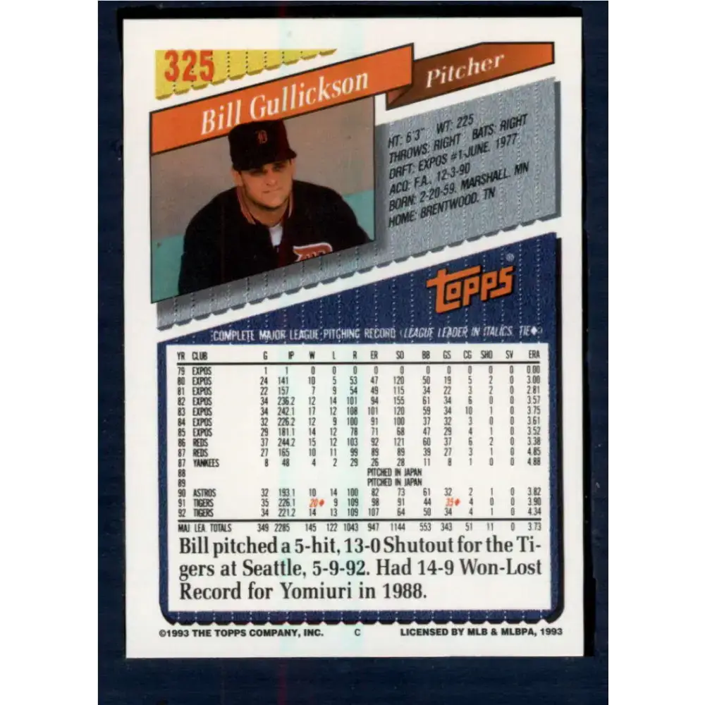 1993 Topps #325 Bill Gullickson NM-MT Detroit Tigers Baseball Card - Baseball Card Single