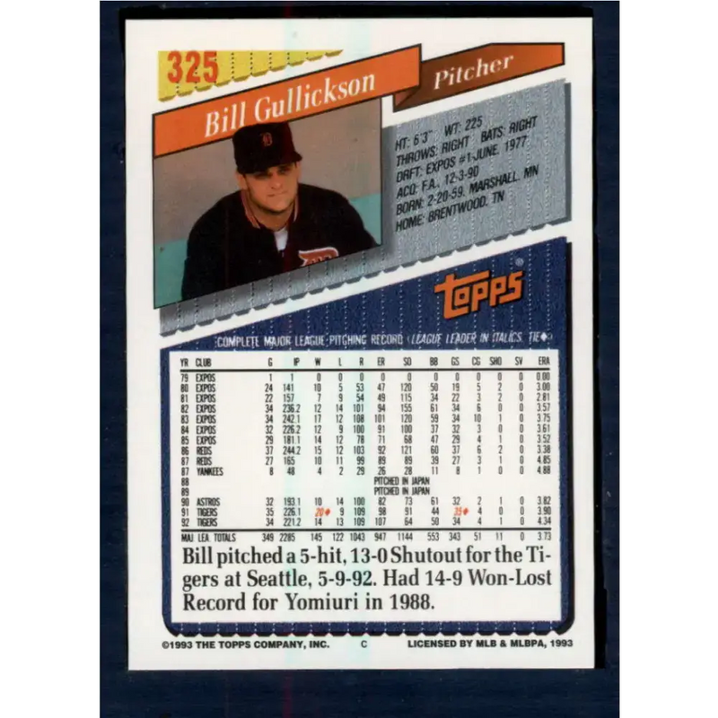 1993 Topps #325 Bill Gullickson NM-MT Detroit Tigers Baseball Card - Baseball Card Single