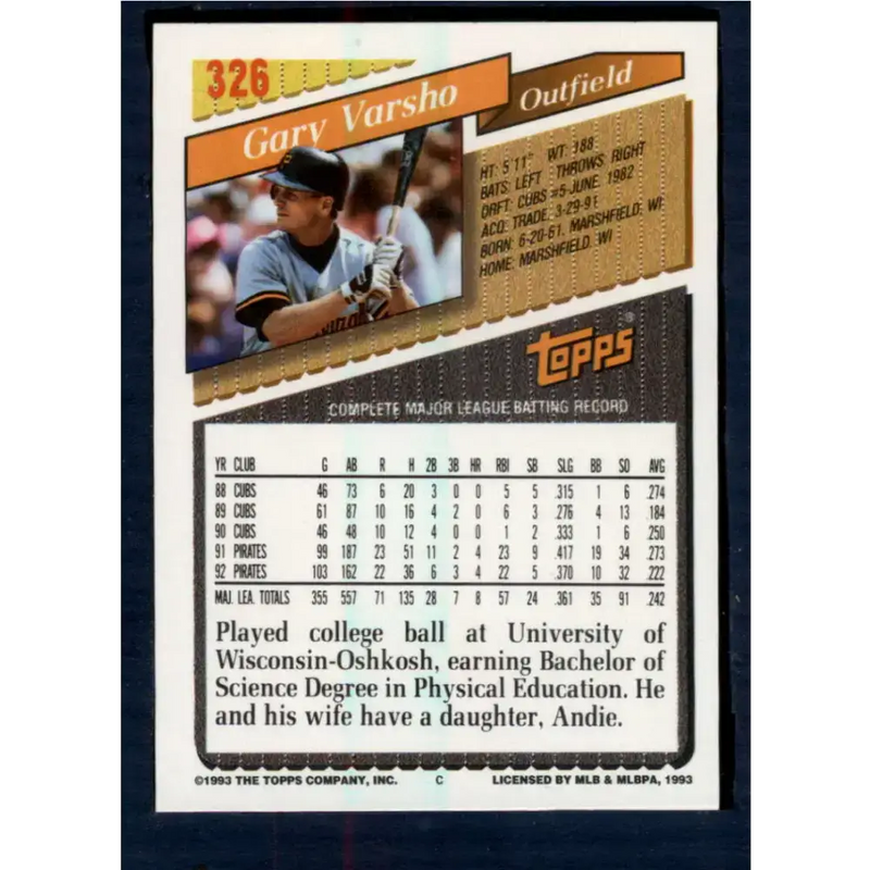 1993 Topps #326 Gary Varsho NM-MT Pittsburgh Pirates Baseball Card - Baseball Card Single