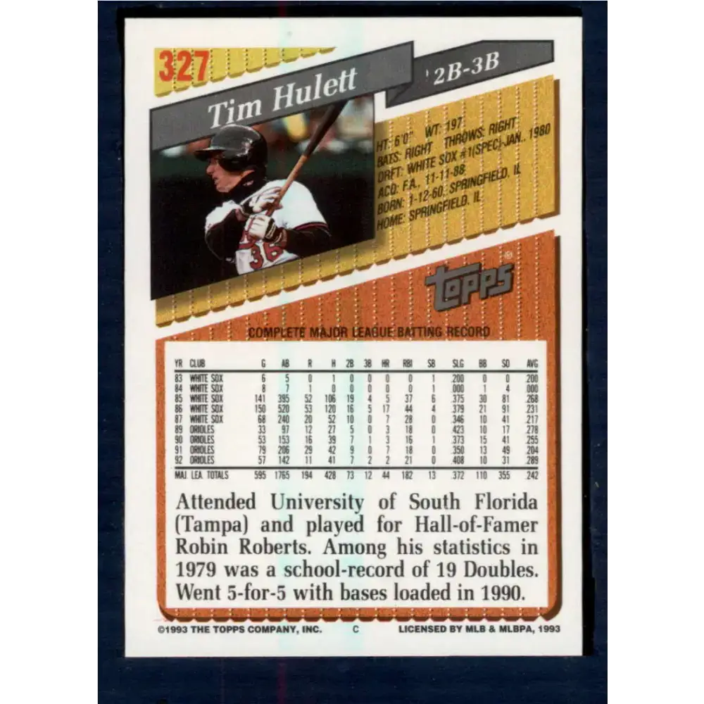 1993 Topps #327 Tim Hulett NM-MT Baltimore Orioles Baseball Card - Baseball Card Single
