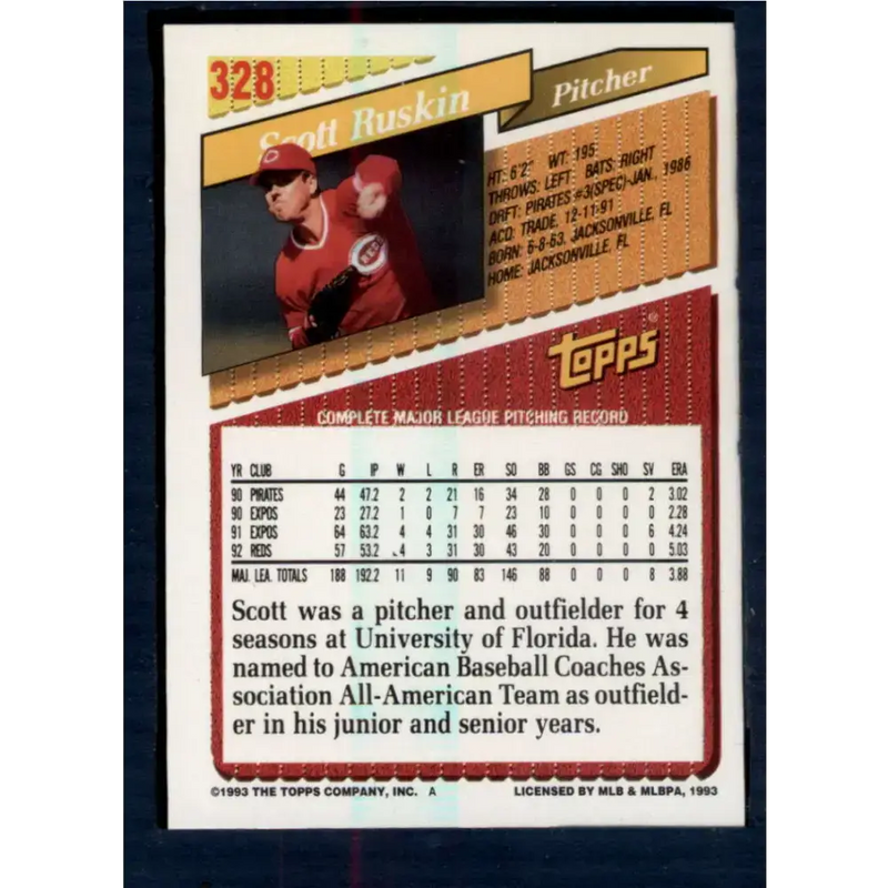 1993 Topps #328 Scott Ruskin NM-MT Cincinnati Reds Baseball Card - Baseball Card Single