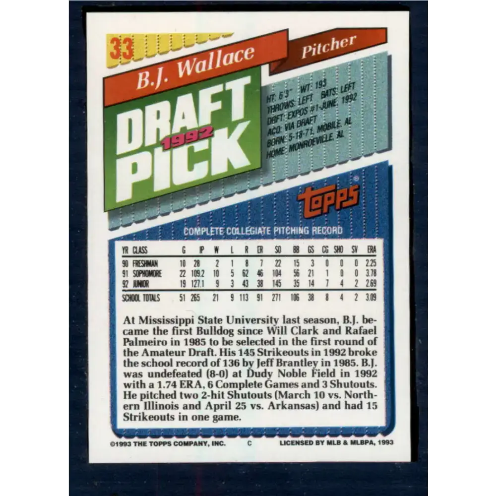 1993 Topps #33 B.J. Wallace NM-MT RC Rookie Montreal Expos Baseball Card - Baseball Card Single