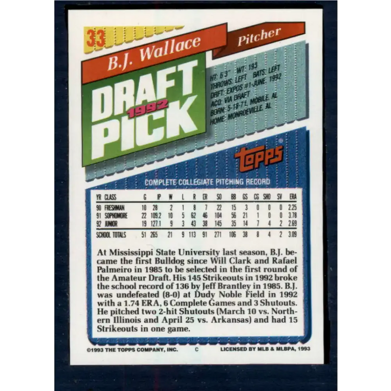 1993 Topps #33 B.J. Wallace NM-MT RC Rookie Montreal Expos Baseball Card - Baseball Card Single