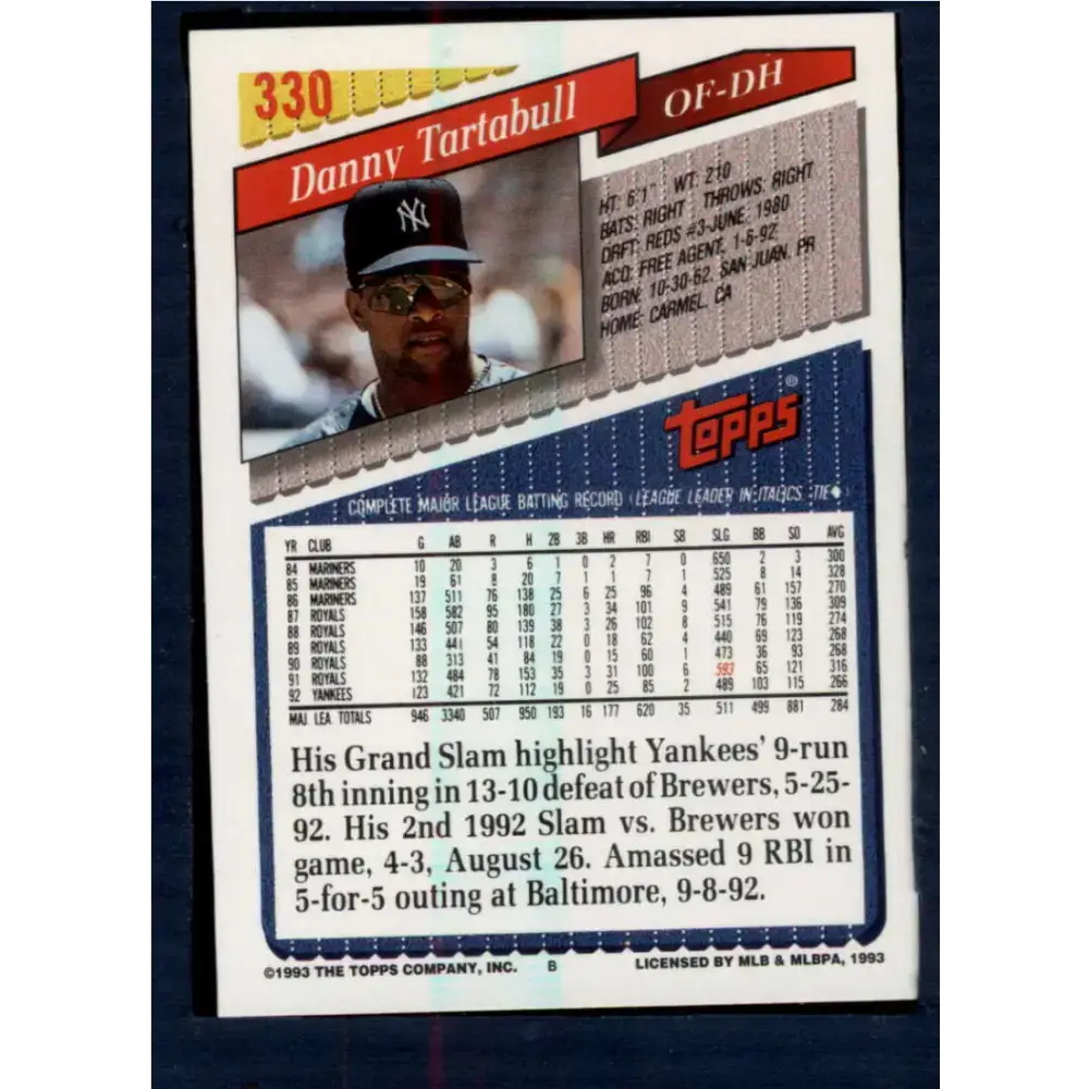 1993 Topps #330 Danny Tartabull NM-MT New York Yankees Baseball Card - Baseball Card Single