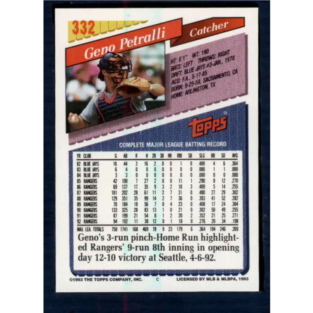 1993 Topps #332 Geno Petralli NM-MT Texas Rangers Baseball Card - Baseball Card Single