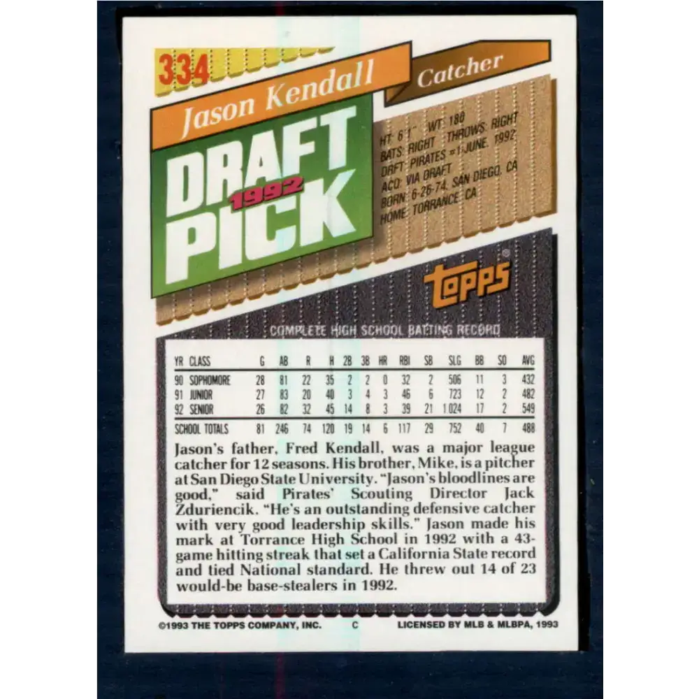 1993 Topps #334 Jason Kendall NM-MT RC Rookie Pittsburgh Pirates Baseball Card - Baseball Card Single