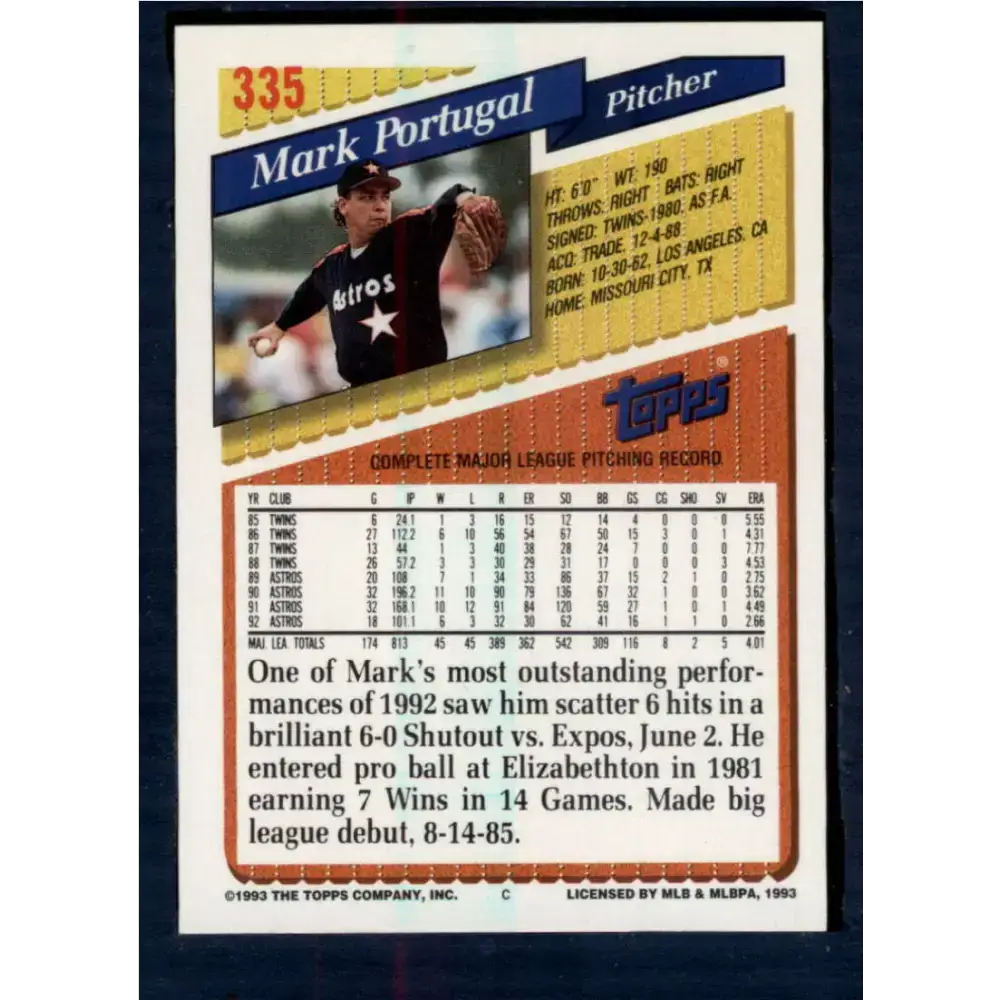 1993 Topps #335 Mark Portugal NM-MT Houston Astros Baseball Card - Baseball Card Single