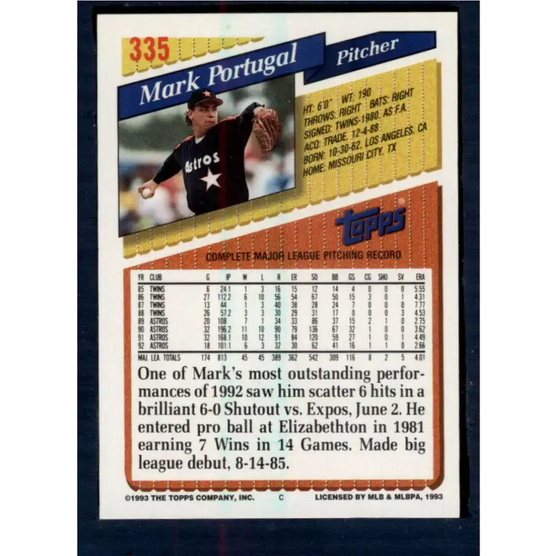 1993 Topps #335 Mark Portugal NM-MT Houston Astros Baseball Card - Baseball Card Single