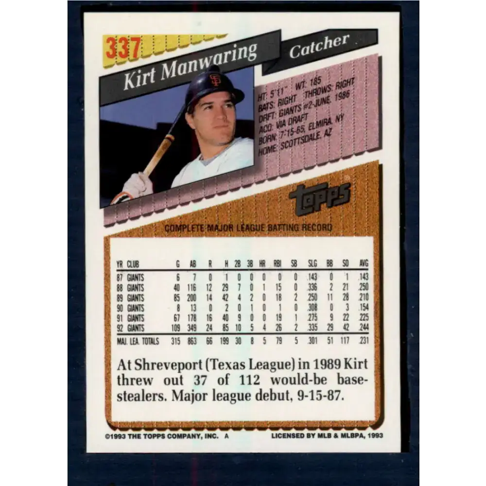 1993 Topps #337 Kirt Manwaring NM-MT San Francisco Giants Baseball Card - Baseball Card Single