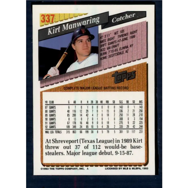 1993 Topps #337 Kirt Manwaring NM-MT San Francisco Giants Baseball Card - Baseball Card Single