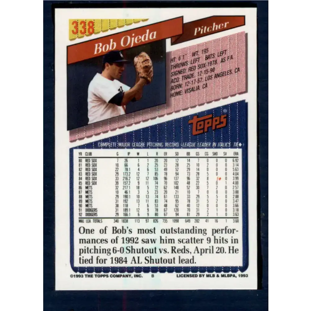 1993 Topps #338 Bob Ojeda NM-MT Los Angeles Dodgers Baseball Card - Baseball Card Single