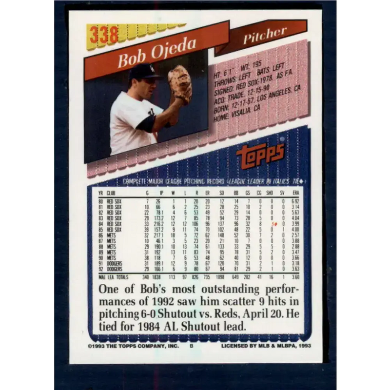 1993 Topps #338 Bob Ojeda NM-MT Los Angeles Dodgers Baseball Card - Baseball Card Single