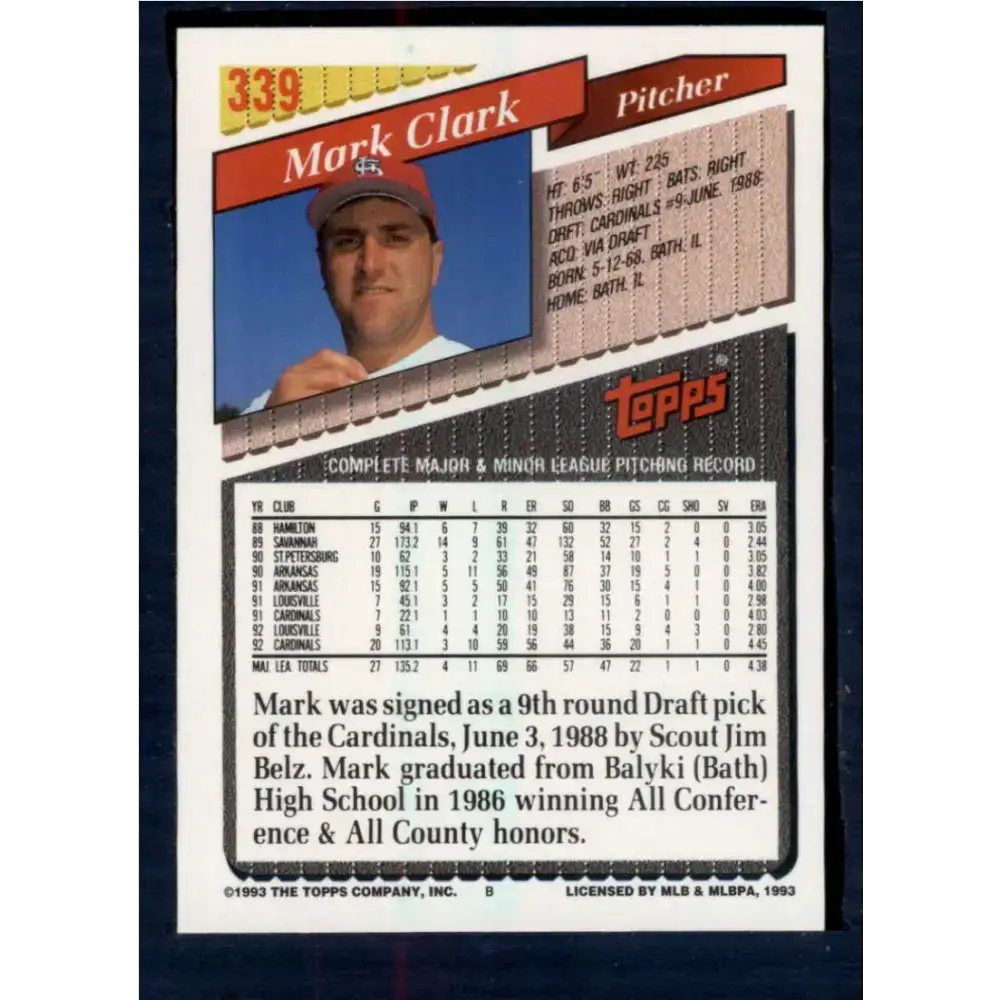 1993 Topps #339 Mark Clark NM-MT St. Louis Cardinals Baseball Card - Baseball Card Single
