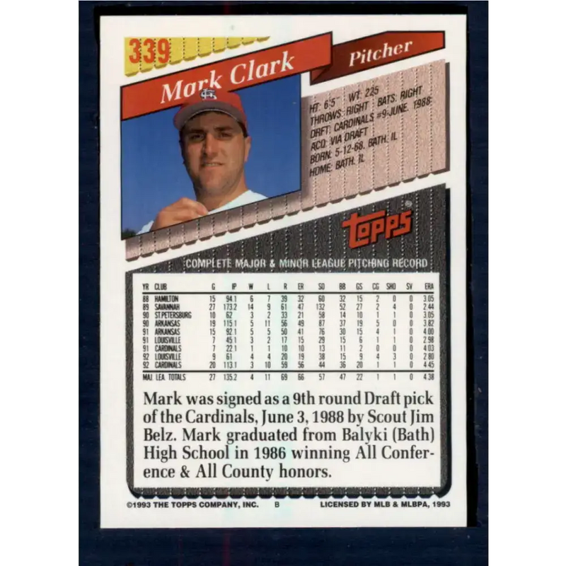 1993 Topps #339 Mark Clark NM-MT St. Louis Cardinals Baseball Card - Baseball Card Single