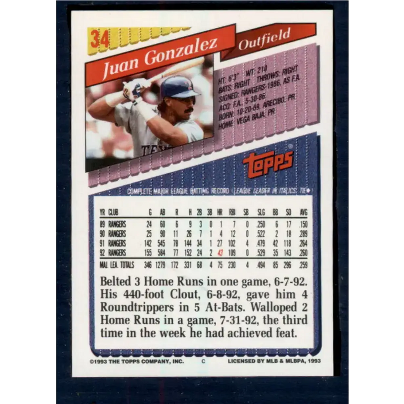 1993 Topps #34 Juan Gonzalez NM-MT Texas Rangers Baseball Card - Baseball Card Single