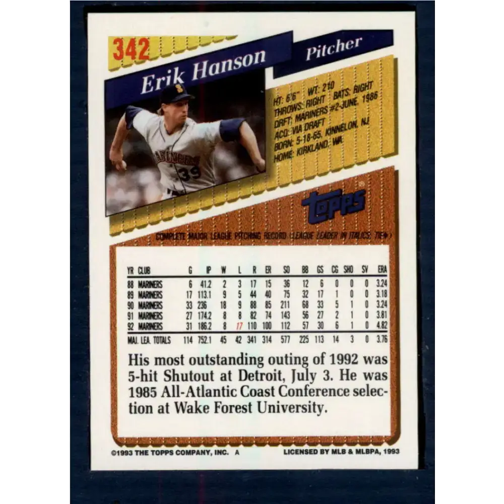 1993 Topps #342 Erik Hanson NM-MT Seattle Mariners Baseball Card - Baseball Card Single